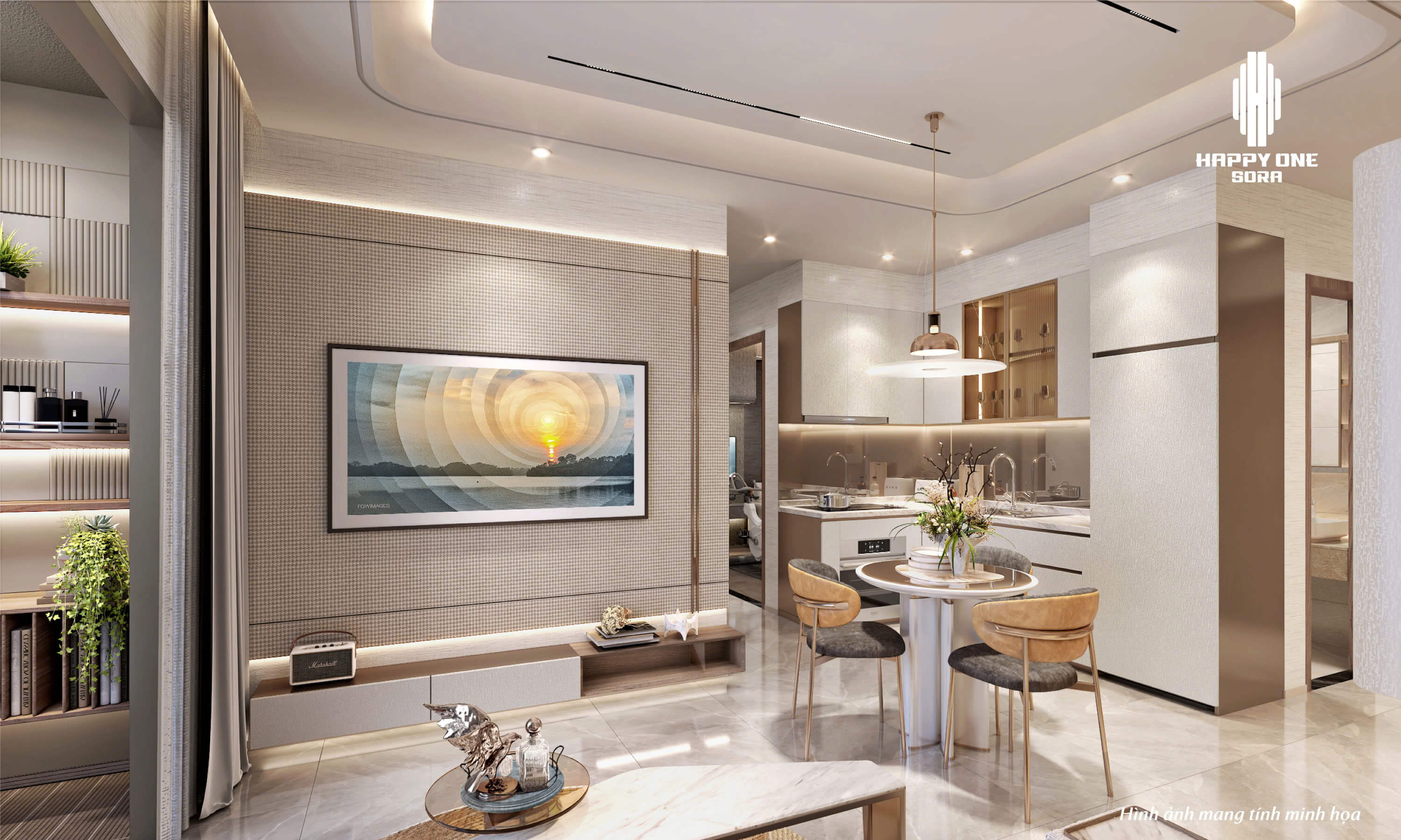 nội thất phòng khách và bếp happy one sora
