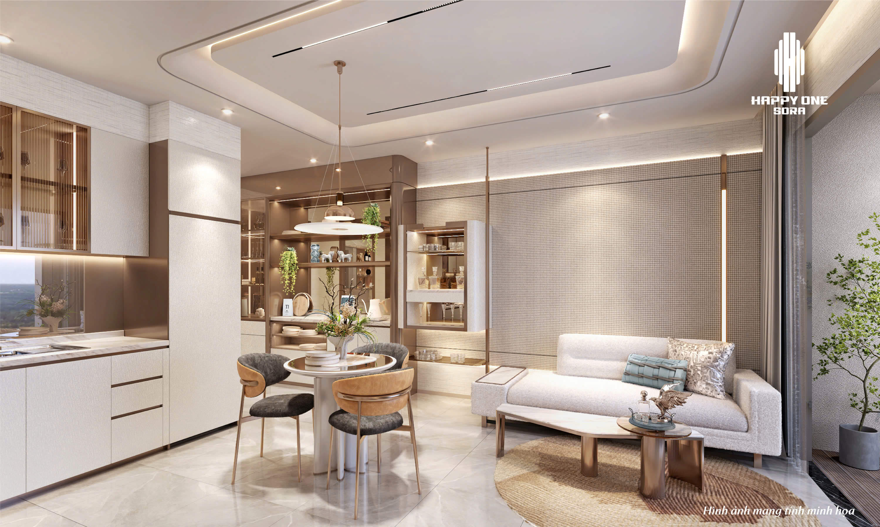 nội thất phòng khách và bếp happy one sora